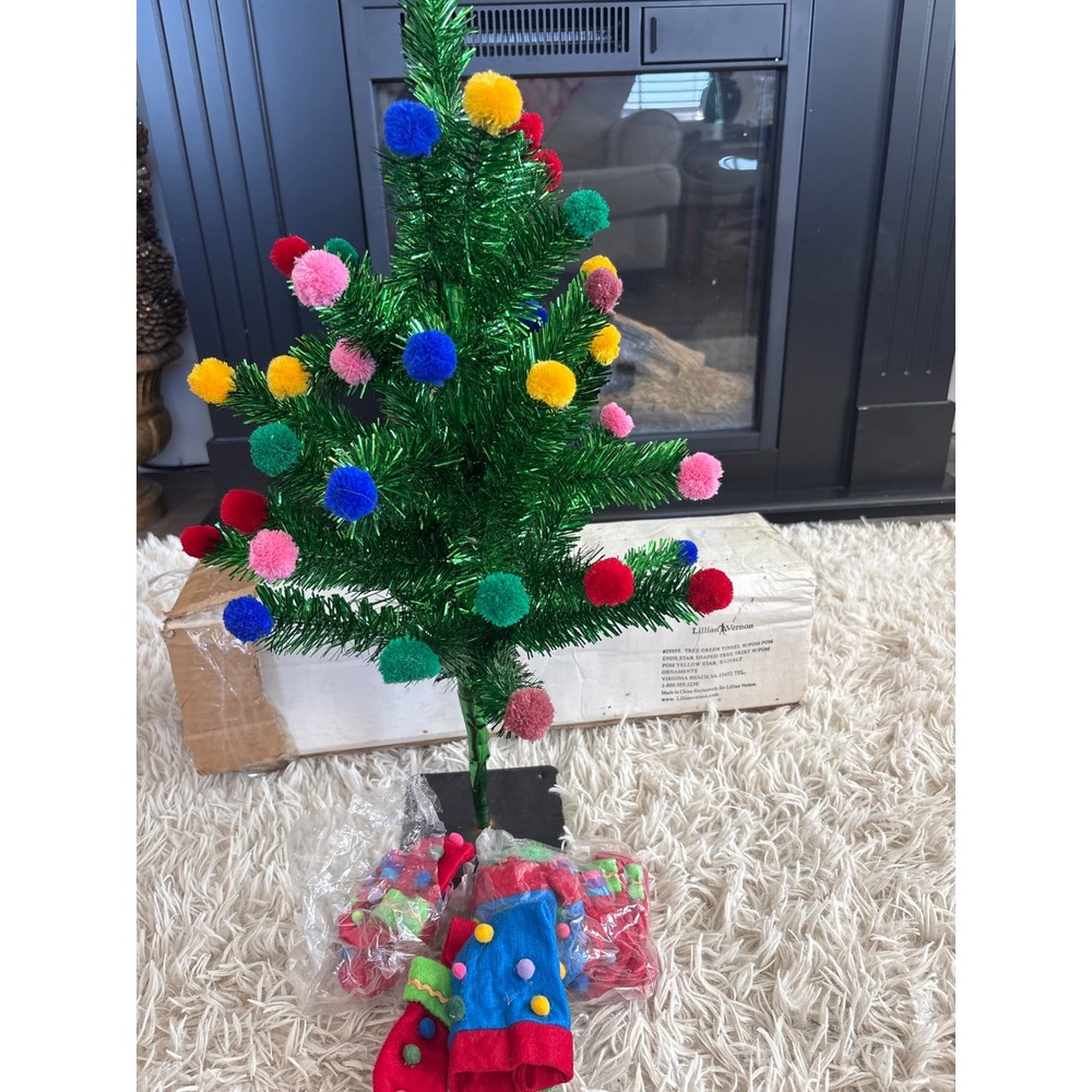 Vintage y2k Lillian Vernon 24" Green Tinsel Christmas Tree Pom Pom Felt Ornament